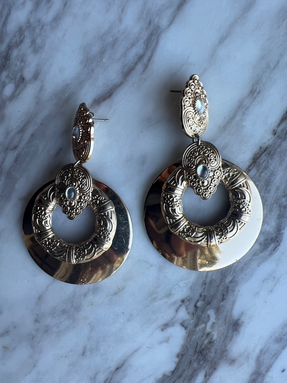 Gold Filigree Drop Earrings with Moonstone Accent